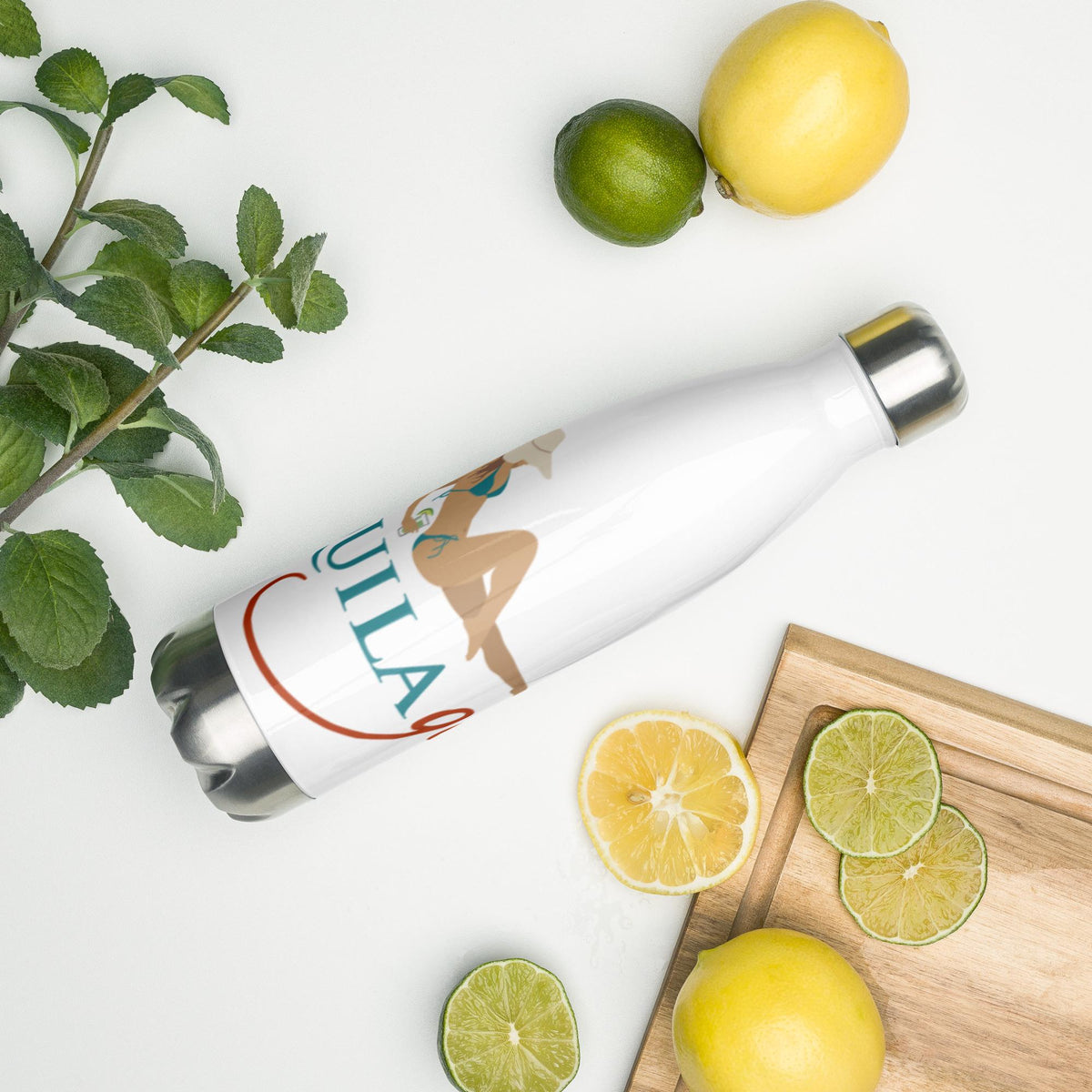 Tequila Girl water bottle with fresh lemons and limes