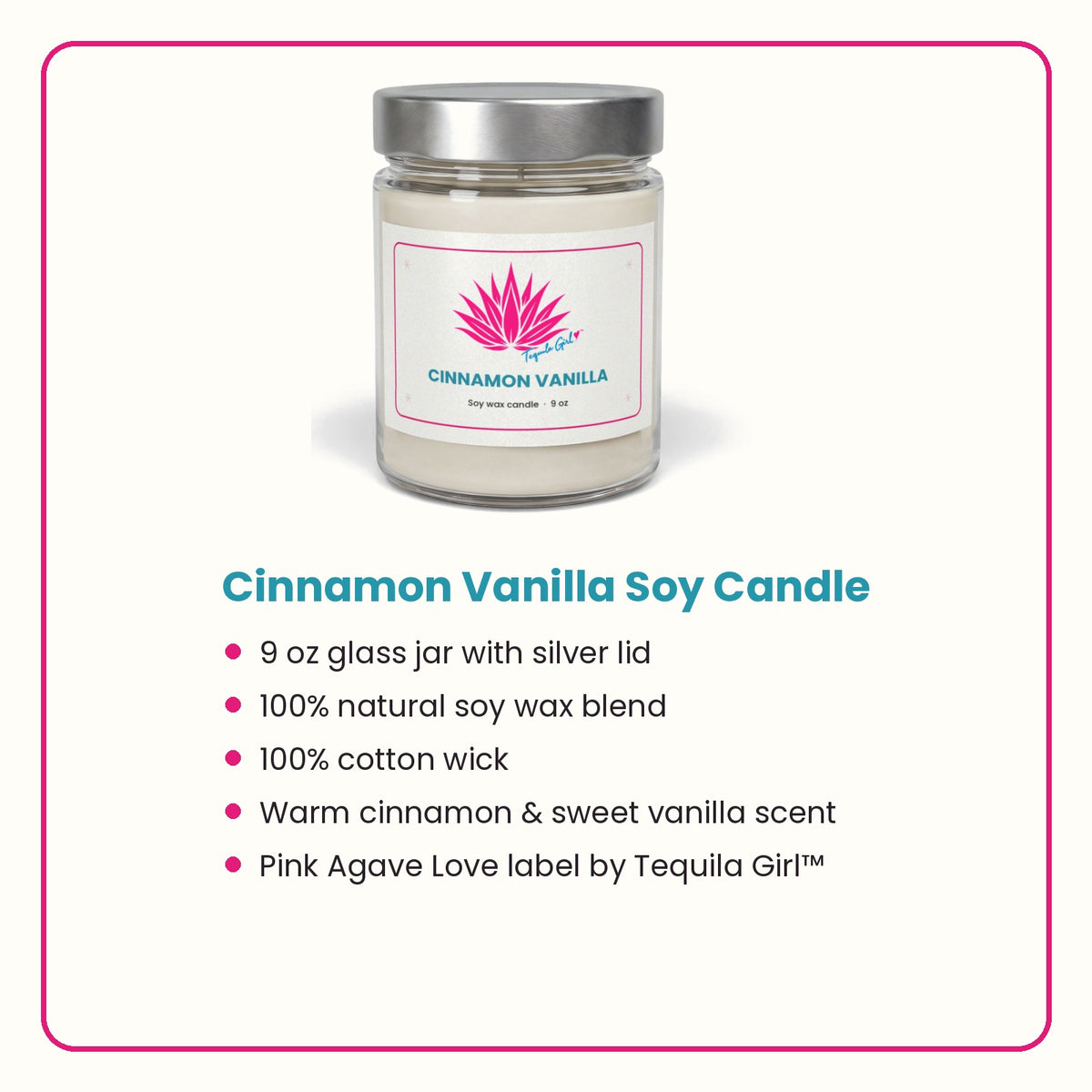 Tequila Girl™ Pink Agave Love Candle - Cinnamon Vanilla Soy Candle 9oz, Holiday Gift for Her