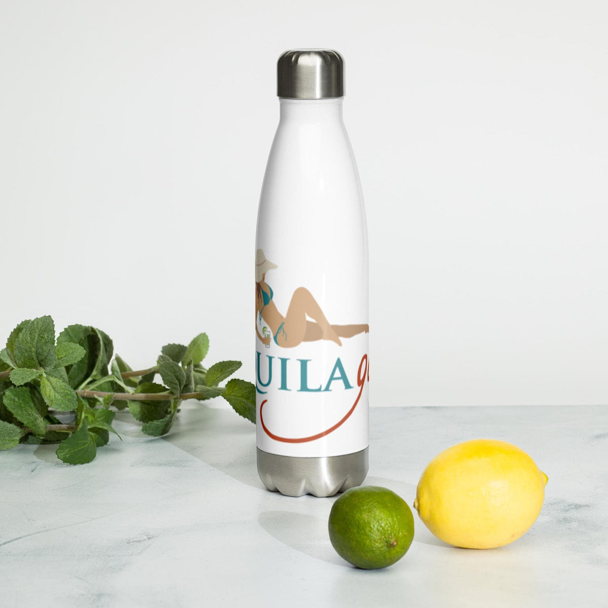 Tequila Girl water bottle on marble with citrus