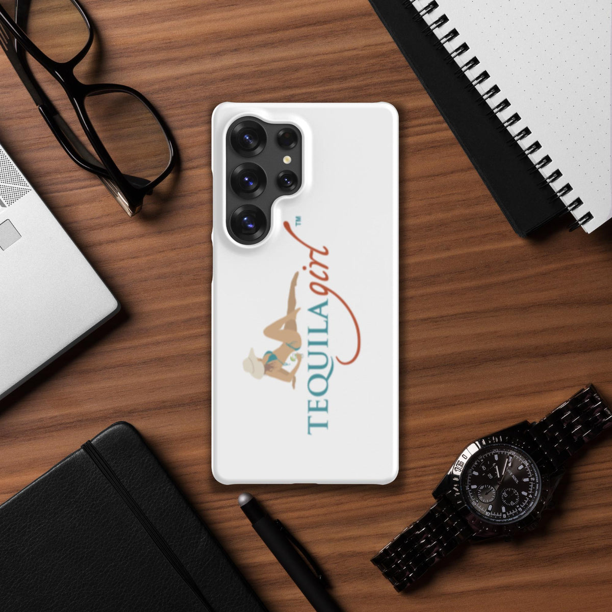 Tequila Girl Samsung snap case on a wood desk