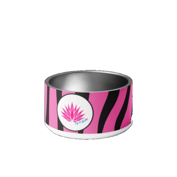 Tequila Girl pink zebra stainless steel dog bowl front